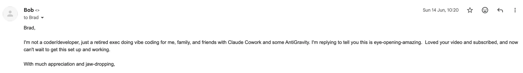 Newsletter reply from Bob S.